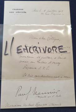 Billet autographe de Paul Meunier - 1912. undefined