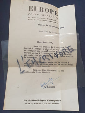 Lettre signé de Pierre Gamarra - Octobre 1949. undefined