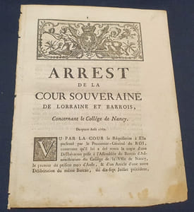 Arrest de la Cour Souveraine de Lorraine et Barrois concernant le collège de Nancy 
