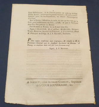 Arrest de la Cour Souveraine de Lorraine et Barrois concernant le collège de Nancy . undefined