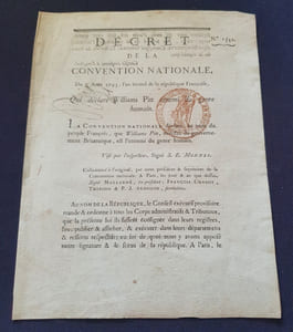 Décret de la Convention Nationale du 7 Aout 1793 , l'an second de la République Françoise qui déclare Williams Pitt ennemie du genre humain 