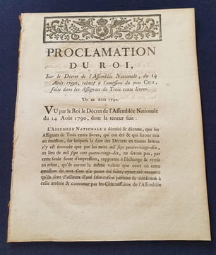 Proclamation du Roi sur le décret de l'Assemblée Nationale , du 14 Aout 1790 , relatif à l'omission du mot Cent , faite dans les Assignats de Trois ...
