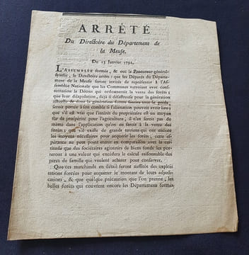 Arrété du Directoire du Département de la Meuse - 13 Janvier 1792 - Concerne la trop grande exploitation des foréts . undefined