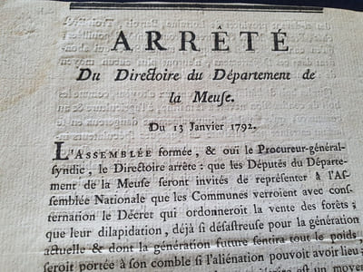 Arrété du Directoire du Département de la Meuse - 13 Janvier 1792 - Concerne la trop grande exploitation des foréts 