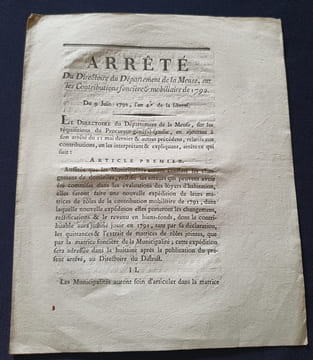 Arrété du Directoire du Département de la Meuse sur les contributions foncière & mobiliaire de 1792. undefined