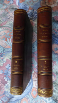 Les fleurs du mal. Paris, Revue des Deux-Mondes, 1855.                                                                                      Deux volumes in-8, pagination continue, 1336 pp.[dont faux-titre, titre et table des matières] demi-veau brun, dos lisse orné de faux- nerfs dorés encadrés à froid, filets, palettes, titre et tomaison dorés (reliure de l’époque ; infimes accrocs au dos ; à l’intérieur, petits manques en marge supérieure (pp.719-722) ; rousseurs, rares et discrètes, en début et fin des volumes ; assez bel exemplaire).                                                                                                         Détails  sur  la reliure : sont frappés sur  les  dos: le titre « Revue des Deux-Mondes », l’année « 1855 »,  le trimestre « 2 ».   « 1. [2.] Partie » [du (1er avril) au 30 juin 1855]. ( tome X de la Nouvelle série). La coupure, arbitraire,  est faite au 15 mai.  
                  
