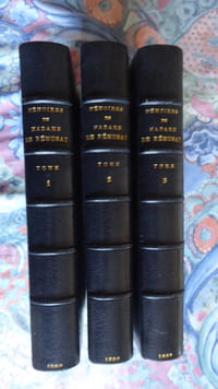    Mémoires de (…), 1802-1808, publiés par son petit-fils  Paul de  Rémusat, sénateur de la Haute-Garonne.                                                                      Paris, Calmann-Lévy, 1880.                                                                                         Trois volumes in-8, demi-maroquin bleu nuit à coins, dos à nerfs avec titre, tomaison et date (en queue), tête dorée, plats de couverture jaune imprimée conservés (Thierry, Suc[cesseu]r de Petit-Simier). 