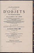 Catalogue d'une collection d'objets de premier ordre de la Chine & du Japon. Magnifiques pièces en émail cloisonné, telles que : très-grandes jardinières, cassolettes, brûle-parfums, grands vases, bouteilles, etc. - Matières précieuses ; pièces en jade de la plus belle qualité et d'un travail très-fin ; bronzes antiques incrustés d'émail et de filets d'argent ; laques du Japon et de Pékin, de belle qualité ; porcelaines dites d'échantillon, telles que vases émaillés, haricot rouge, craquelé, etc. ; très-belle peinture sur soie ; bijoux ; magnifique paravent en bois de fer, à feuilles brodées sur soie de la plus grande finesse (...)  by CATALOGUE DE VENTE 
