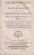 Observations et expériences sur le charbon malin, avec une méthode assurée de le guérir  by IMPRESSION DE DIJON]. FOURNIER Jean