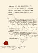 Prosper de Chermont, colonel du régiment de l'Isle de France, gouverneur de Pondichéry et des établissements français dans l'Inde [imprimé]. Pièce autographe signée et datée  par PONDICHERY - CHERMONT Prosper de
