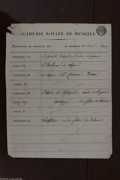 Programme de l'académie envoyé à C.G. Etienne avec passage d'une de ses oeuvres. [Académie Royale de Musique] Etienne Charles-Guillaume (1778-1845), ...