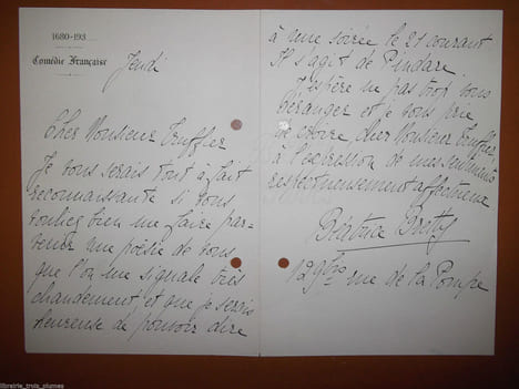 Lettre autographe signée. Bretty Béatrice, Beatrix Bolchesi dite (1895-1982), comédienne, sociétaire de la Comédie-Française.