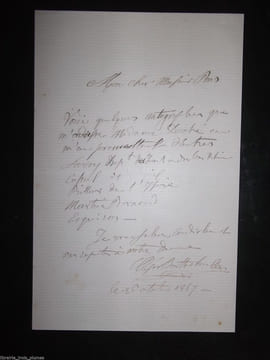 Lettre autographe signée. Bertholon César (1818-1885), député de l'Isère puis de la Loire, interné en Algérie après le coup d'état de Napoléon puis ...