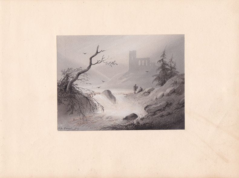 Dessin romantique &agrave; l'encre de chine et lavis, avec rehaut de gouache blanche.. Fran&ccedil;ois-Alexandre Pernot (1793-1865), 