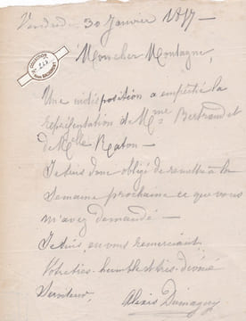 Lettre autographe signée. Alexis Dumagny (XIXe), acteur au Beaumarchais, au Montparnasse et aux Variétés.
