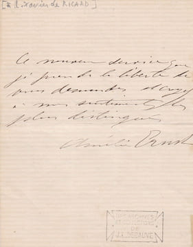 Lettre autographe signée. Amélie Ernst (né en 1836), poète, lectrice à la Sorbonne, actrice.