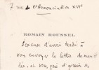 Lettre autographe signée. Romain Roussel (1898-1973), écrivain, lauréat du prix interallié.