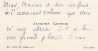 Carte autographe signée. Jacques Levron (1906-2004), archiviste, historien, originaire d'angers.