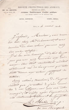 Lettre autographe signée à Arthur Mangin. Henry Blatin (1806-1869), médecin & fondateur de la SPA dont il est vice-président.
