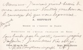 Carte autographe signée à Arthur Mangin. Auguste Geffroy (1820-1895), historien.