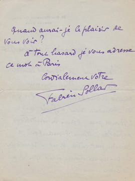 Lettre autographe signée. Fabien Sollar (1886-1982), écrivain, librettiste.