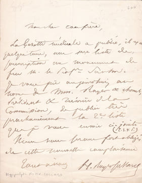 Lettre autographe signée. Hippolyte Royer-Collard (1802-1850), médecin, professeur d'hygiène, membre de l'Académie de Médecine.