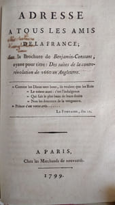 [Révolution d'Angleterre 1649] Réunion d'ouvrages sur le sujet publiés pendant la révolution française : Essai sur les causes qui, en 1649, amenèrent en Angleterre l'établissement de la république ; sur celles qui devaient l'y consolider ; sur celles qui l'y firent périr ;  De la révolution française comparée à celle d'Angleterre ou lettre au représentant du peuple Boulay sur la différence de ces deux révolutions ;  Des suites de la contre-révolution de 1660 en Angleterre ; Histoire de la révolution et de la contre-révolution d'Angleterre ; Tableau historique et politique de la dissolution et du rétablissement de la monarchie anglaise depuis 1625 jusqu'en 1702 ; Adresse à tous les amis de la France sur la brochure de Benjamin Constant [etc.