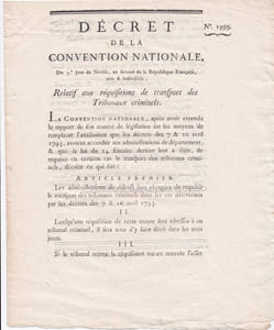Décret de la convention nationale du 3e jour de nivôse, an second de la république française une & indivisible [23 décembre 1793] relatif aux réquisitions de transport des tribunaux criminels.