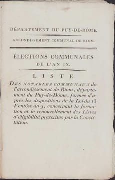 Département du Puy-de-Dôme, arrondissement de Riom, Élections communales de l'an IX - liste des notables de l'arrondissement de Riom.. [Auvergne, ...