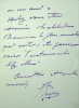 Lettre autographe signée. Jean Périer (1869-1954), acteur et chanteur, premier interprète de Pelléas dans l'oeuvre de Debussy.
