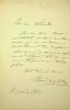 Lettre autographe signée. Claude-Marie-Mécène Marié de L'Isle (1811-1879), ténor puis baryton, chef d'orchestre.