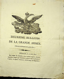 [Napoléon, Campagne de Russie, 1812], Deuxième bulletin de la Grande Armée : justification de la campagne de Russie et fameuse proclamation de l'empereur du 22 juin 1812 à Wilkowisky qui lance le départ en Russie.