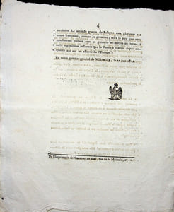 [Napoléon, Campagne de Russie, 1812], Deuxième bulletin de la Grande Armée : justification de la campagne de Russie et fameuse proclamation de l'empereur du 22 juin 1812 à Wilkowisky qui lance le départ en Russie.