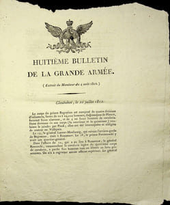 [Napoléon, Campagne de Russie, 1812], Huitième bulletin de la Grande Armée : divisions russes empêchées de rejoindre le prince Bagration, mort d'officiers russes à Romanow, fuite de Drissa par l'armée russe, avancée des armées françaises sur la Oula, désertion des polonais de l'armée russe.