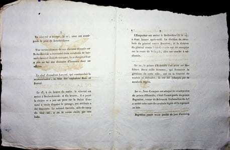 [Napoléon, Campagne de Russie, 1812], Neuvième bulletin de la Grande Armée : quartier général de l'Empereur à Kamen, avancée des armées françaises, arrivée de Napoléon à Bechenkoviski, attaque de 3000 cosaques à Mohilow, déplacement des armées du prince Bagration (russe) vers Mohilow.