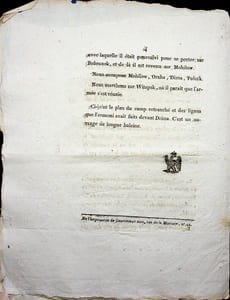 [Napoléon, Campagne de Russie, 1812], Neuvième bulletin de la Grande Armée : quartier général de l'Empereur à Kamen, avancée des armées françaises, arrivée de Napoléon à Bechenkoviski, attaque de 3000 cosaques à Mohilow, déplacement des armées du prince Bagration (russe) vers Mohilow.
