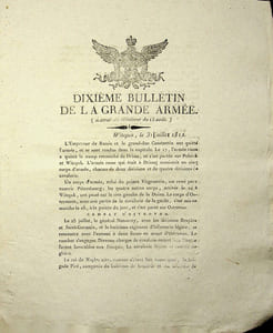 [Napoléon, Campagne de Russie, 1812], Dixième bulletin de la Grande Armée : mouvement des troupes russes, l'empereur de Russie et le grand-duc Constantin ont quitté l'armée, détail du « combat d'Ostrovno » et défaite des russes, fuite des russes vers Smolensk, entrée à Witepsk [Vitebsk, Biélorussie actuelle], attaque du prince d'Ekmülh par Bagration.
