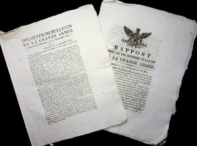 [Napoléon, Campagne de Russie, 1812], Dix-huitième bulletin de la Grande Armée : Prémices et détails de la bataille de Mojaisk [Moskova]. Le second double feuillet contient uniquement le rapport de Sokolnicki sur les armées russes suite à la victoire de Mojaisk [bataille de la Moskova].