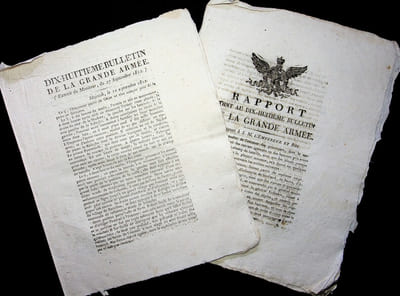 [Napoléon, Campagne de Russie, 1812], Dix-huitième bulletin de la Grande Armée : Prémices et détails de la bataille de Mojaisk [Moskova]. Le second double feuillet contient uniquement le rapport de Sokolnicki sur les armées russes suite à la victoire de Mojaisk [bataille de la Moskova].