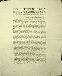 [Napoléon, Campagne de Russie, 1812], Dix-huitième bulletin de la Grande Armée : Prémices et détails de la bataille de Mojaisk [Moskova]. Le second double feuillet contient uniquement le rapport de Sokolnicki sur les armées russes suite à la victoire de Mojaisk [bataille de la Moskova].