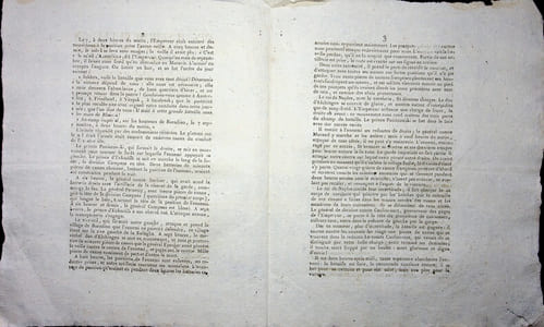 [Napoléon, Campagne de Russie, 1812], Dix-huitième bulletin de la Grande Armée : Prémices et détails de la bataille de Mojaisk [Moskova]. Le second double feuillet contient uniquement le rapport de Sokolnicki sur les armées russes suite à la victoire de Mojaisk [bataille de la Moskova].