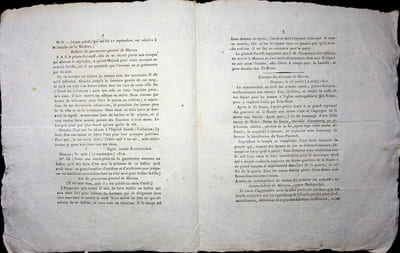 [Napoléon, Campagne de Russie, 1812], Extrait du moniteur du 12 octobre 1812 [probablement un supplément au 21e ou au 22e bulletin de la Grande Armée] : copies de pièces « émanées du gouverneur Rostopchine » [qui montrent les différences de communication des deux camps].