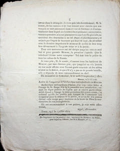 [Napoléon, Campagne de Russie, 1812], Extrait du moniteur du 12 octobre 1812 [probablement un supplément au 21e ou au 22e bulletin de la Grande Armée] : copies de pièces « émanées du gouverneur Rostopchine » [qui montrent les différences de communication des deux camps].