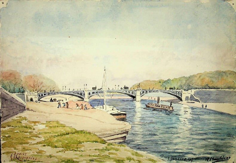 Aquarelle originale sign&eacute;e - vue de Paris d'apr&egrave;s Harpignies. Ren&eacute; Maublanc (1891-1960), philosophe, &eacute;crivain, antifasciste