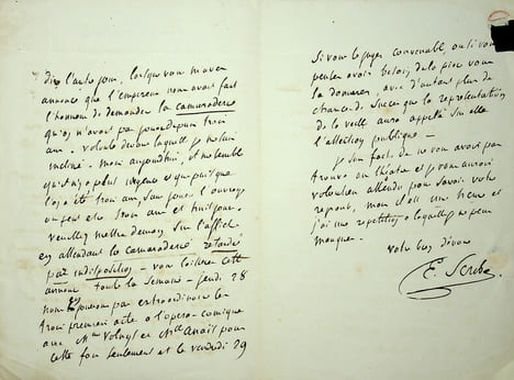 Lettre autographe signée à Arsène Houssaye. Eugène Scribe (1791-1861), écrivain, librettiste.