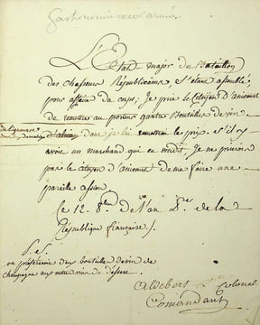 Lettre signée. Aldebert (fin XVIIIe), lieutenant-colonel commandant un bataillon de chasseurs républicains.