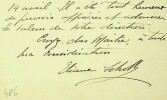 Carte autographe signée. Eliane Schott (?), chanteuse, « des concerts Colonne, soliste des concerts Lamoureux ».