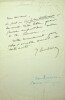 Lettre autographe signée. Jules Combarieu (1859-1916), musicologue.