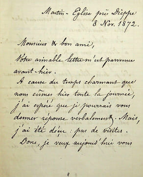 Lettre autographe signée au compositeur Léon Gatayes. Armand-Jean-Edouard Malais (XIXe), prêtre, curé de Martin-Eglise (Seine-Maritime, Normandie, à ...