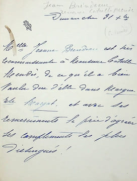 Lettre autographe signée à Catulle Mendès. Jeanne Brindeau (1860-1946), actrice.